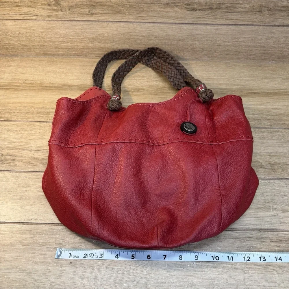 The Sak Womens Indio Hobo Handbag Red Leather Boho Braided Shoulder Tote Bag